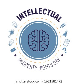 Copyright Or Intellectual Property Rights Day, Invention Protection And Idea Patent, Isolated Icon Vector. Human Brain, Literature And Science, Art And Business. Creative Product Security Awareness