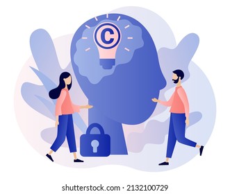 Copyright. Intellectual Property. Tiny Authors Protecting Idea's Legal Information With Trademark. Trading Data Licenses. Modern Flat Cartoon Style. Vector Illustration On White Background