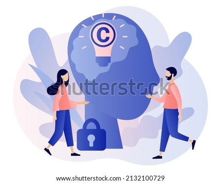 Copyright. Intellectual property. Tiny authors protecting idea's legal information with trademark. Trading data licenses. Modern flat cartoon style. Vector illustration on white background