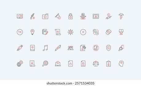 Copyright, intellectual property and trademark, original document, idea creation and content protection with law line icon set. Patent, license thin black and red outline symbols vector illustration