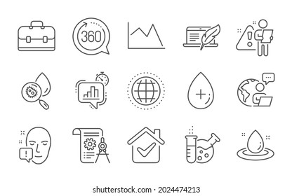 Copyright laptop, Face attention and Globe line icons set. 360 degrees, Chemistry lab and Oil serum signs. Divider document, Fuel energy and Water analysis symbols. Line icons set. Vector