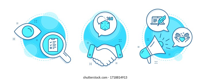 Copyright laptop, Interview and Augmented reality line icons set. Handshake deal, research and promotion complex icons. Hold heart sign. Writer device, Checklist file, Virtual reality. Vector