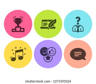 Copyright laptop, Like and Musical note icons simple set. Winner podium, Hiring employees and Chat signs. Writer device, Social media likes. Business set. Flat copyright laptop icon. Circle button