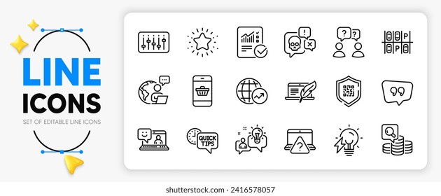 Copyright laptop, Online question and Teamwork questions line icons set for app include Qr code, Smartphone buying, World statistics outline thin icon. Dj controller, Electricity bulb. Vector