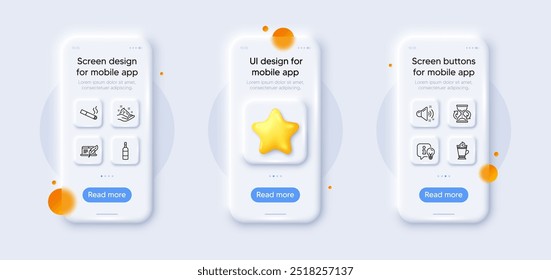Copyright laptop, Skin care and Latte coffee line icons pack. 3d phone mockups with star. Glass smartphone screen. Brandy bottle, Lamp, Smoking web icon. Loud sound, Hourglass pictogram. Vector