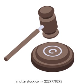 Icono de gavel de la ley de derechos de autor vector isométrico. Protección jurídica. Patente digital