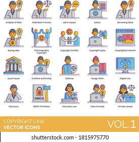 Copyright law icons including analysis, arbitration process, ask, author, borrowing idea, buying, choreography, conflict, expiry, copyrighted artwork, courthouse, creative authorship, defense, design.