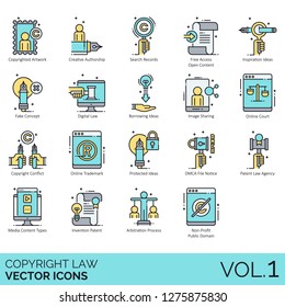 Copyright Law Icons Including Authorship, Search Records, Open Content, Inspiration, Fake Concept, Digital, Image Sharing, Online Court, Conflict, Trademark, Protected, DMCA File Notice, Patent Agency