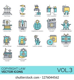 Copyright law icons including court house, competition, music work, literature, design, geographical, motion picture, choreography, painting, photography, sculpture, software, TV, radio, industrial.