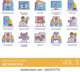 Copyright Law Icons Including Media Content Types, Motion Picture, Music Work, Non-profit Public Domain, Online Court, Trademark, Original Concept, Painting, Patent Accepted, Agency, Plagiarism, Idea.