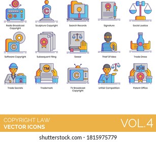 Copyright Law Icons Including Radio Broadcast, Sculpture, Search Record, Signature, Social Justice, Software, Subsequent Filing, Swear, Thief Of Idea, Trade Dress, Secret, Trademark, TV, Patent Office