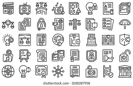 Copyright law icons set outline vector. Author contract. Commercial rights