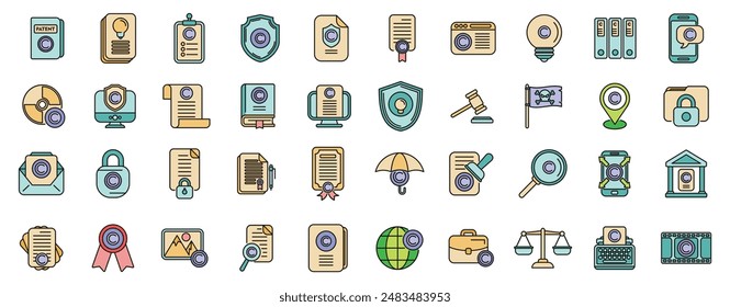 Los iconos de ley de Derechos de autor establecen el Vector de esquema. Contrato de autor. Propiedad patentada de línea fina de color plano en blanco