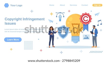 Copyright Law and Legislation. Intellectual Property Rights and Brand Patent Protection. Author Protecting Idea with Lawyer. Trademark Policies and Regulations. Vector Illustration