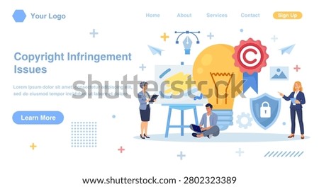 Copyright Law and Legislation. Intellectual Property Rights and Brand Patent Protection. Author Protecting Idea with Lawyer. Trademark Policies and Regulations. Vector Illustration