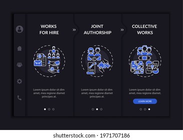 Copyright law specific rules onboarding vector template. Responsive mobile website with icons. Web page walkthrough 3 step screens. Working for hiring night mode concept with linear illustrations