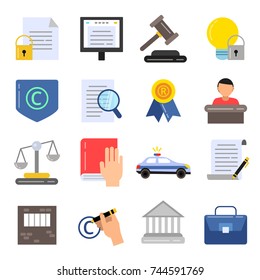 Copyright legal regulations. Business icons of law and protection. Vector pictures in flat style. Protection and regulation copyright business illustration