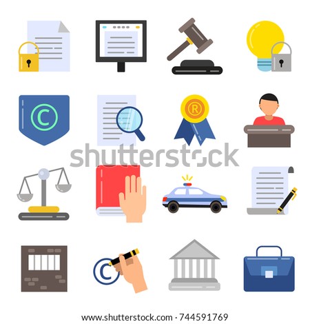 Copyright legal regulations. Business icons of law and protection. Vector pictures in flat style. Protection and regulation copyright business illustration
