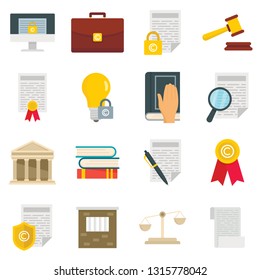 Copyright legal regulations vector icons set. Business flat icons of law and protection copyright . Vector set in flat style. Protection and regulation copyright business isolated illustration