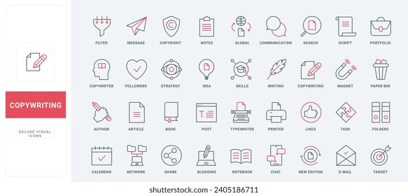 Conjunto de iconos de línea de derechos de autor. Los autores escriben con lápiz y máquina de escribir artículos, imán para atraer seguidores y comentarios de los blogs, nuevas ideas para los símbolos de contorno negro y rojo delgado del texto, ilustración vectorial