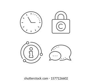 Icono de línea de bloqueador de derechos de autor. Burbuja de chat, elementos de señalización de información. Signo de copia. Símbolo de información privada. Icono de esquema de bloqueo de derechos de autor lineal. Burbuja de la información. Vector
