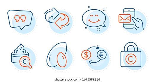 Copyright locker, Messenger mail and Peanut signs. Collagen skin, Refresh and Quote bubble line icons set. Currency exchange, Smile chat symbols. Skin care, Rotation. Business set. Vector