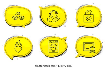 Copyright locker sign. Diploma certificate, save planet chat bubbles. Washing machine, Heart flame and Parcel shipping line icons set. Laundry, Love fire, Send box. Private information. Vector