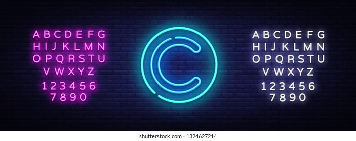 Copyright neon sign vector. Copyrights Design template neon sign, light banner, neon signboard, nightly bright advertising, light inscription. Vector illustration. Editing text neon sign