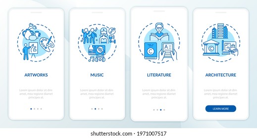 Copyright objects onboarding mobile app page screen with concepts. Art pieces, music, books walkthrough 4 steps graphic instructions. UI, UX, GUI vector template with linear color illustrations