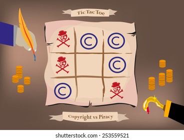  Copyright Owner and a Pirate plays Tic-Tac-Toe Game using piracy icons and C trademarks.