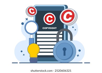 Copyright patent law concept, copyright protected by law, patent protection, intellectual property, copyright symbol, electronic legal document, digital law. flat vector illustration.