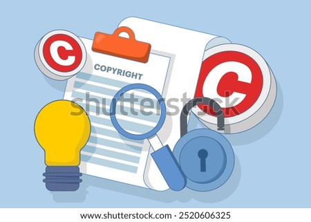 Copyright patent law concept, copyright protected by law, patent protection, intellectual property, copyright symbol, electronic legal document, digital law. flat vector illustration.