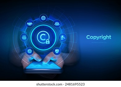 Copyright. Patents and intellectual property protection law and rights. Protect business ideas and headhunter concepts. Smartphone in hands. Using smartphone. Vector illustration.