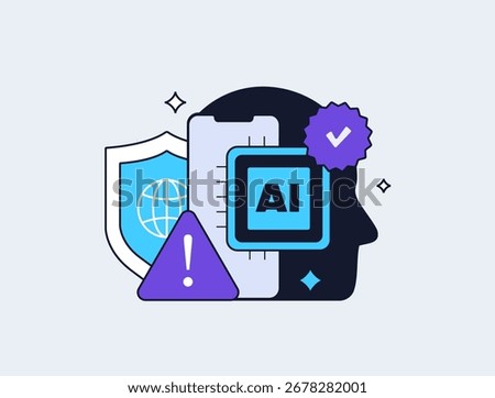 Copyright protection AI training grows in importance as data privacy for artificial intelligence models. Ethical ai content usage become critical issues worldwide, vector illustration