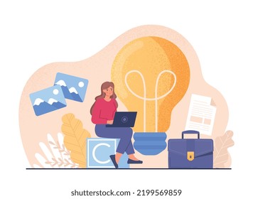 Copyright protection concept. Girl sitting with laptop in background of light bulb. Law, protection of intellectual property on Internet. Talented author, copywriter. Cartoon flat vector illustration