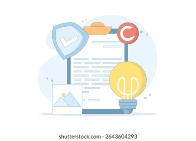 conceito de proteção dos direitos de autor. Os direitos autorais são protegidos por lei, protegendo obras de arte ou conteúdo. proteção de direitos de propriedade intelectual de marca registrada legalmente protegida. design plano.
