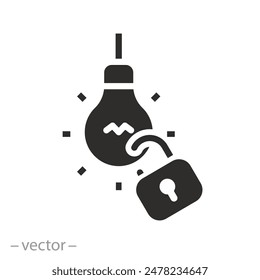 copyright protection icon, padlock with light bulb, intellectual property security, defence authorship, flat symbol on white background - vector illustration