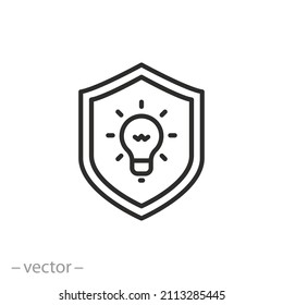 copyright protection icon, shield with lightbulb, intellectual property security, defence authorship, thin line symbol on white background - editable stroke vector illustration eps10