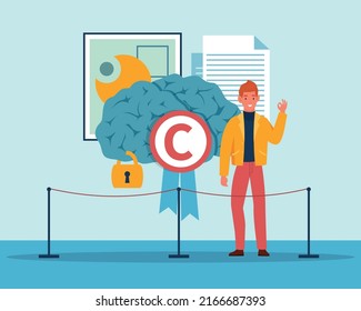 Derechos de autor. Protección de la propiedad intelectual en internet, marca comercial de producto, empresario con cerebro, información legal de propietario. Licencia comercial. Concepto plano de dibujos animados