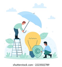 Copyright protection, patent law and authorship vector illustration. Cartoon tiny people holding umbrella and shield with copyright sign to protect light bulb as intellectual property of author