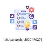 copyright regulation concept. terms of agreement and license. policy on protecting a work or content from plagiarism. illustration of a regulation paper with pencil, video, image and lamp symbols
