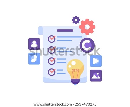 copyright regulation concept. terms of agreement and license. policy on protecting a work or content from plagiarism. illustration of a regulation paper with pencil, video, image and lamp symbols