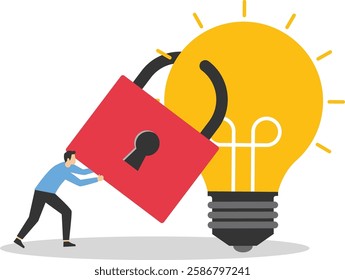 Copyright reserved or product trademark that cannot copy concept, intellectual property, patented protection, businessman owner standing with light bulb idea locked with padlock for patents.

