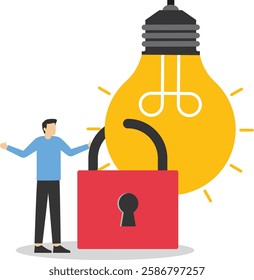 Copyright reserved or product trademark that cannot copy concept, intellectual property, patented protection, businessman owner standing with light bulb idea locked with padlock for patents.

