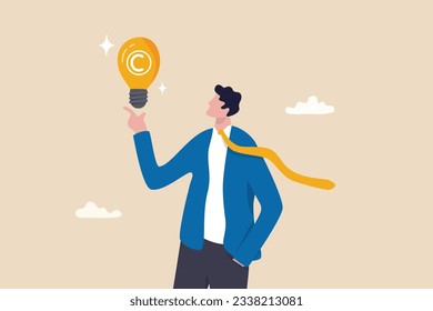 Copyright reserved, trademark intellectual property protection, original idea or innovation, legal or law protection registered concept, businessman holding light bulb idea with copyright symbol.