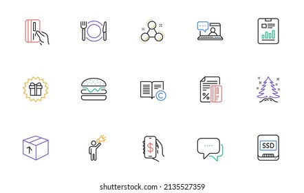 Copyright, Restaurant food and Credit card line icons for website, printing. Collection of Friends chat, Money app, Surprise gift icons. Ssd, Brand ambassador, Payment card web elements. Vector
