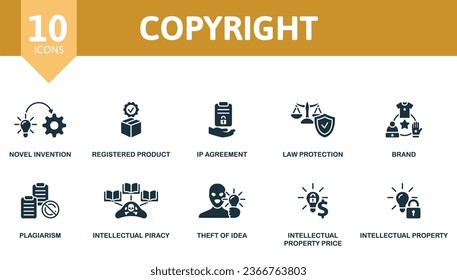 Conjunto de derechos de autor. Iconos creativos: invención novedosa, producto registrado, acuerdo ip, protección de la ley, marca, plagio, piratería intelectual, robo de idea, precio de propiedad intelectual, intelectual