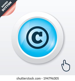 Copyright sign icon. Copyright button. Blue shiny button. Modern UI website button with hand cursor pointer. Vector