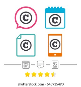 Copyright sign icon. Copyright button. Calendar, chat speech bubble and report linear icons. Star vote ranking. Vector