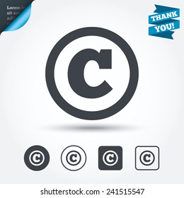 Copyright sign icon. Copyright button. Circle and square buttons. Flat design set. Thank you ribbon. Vector